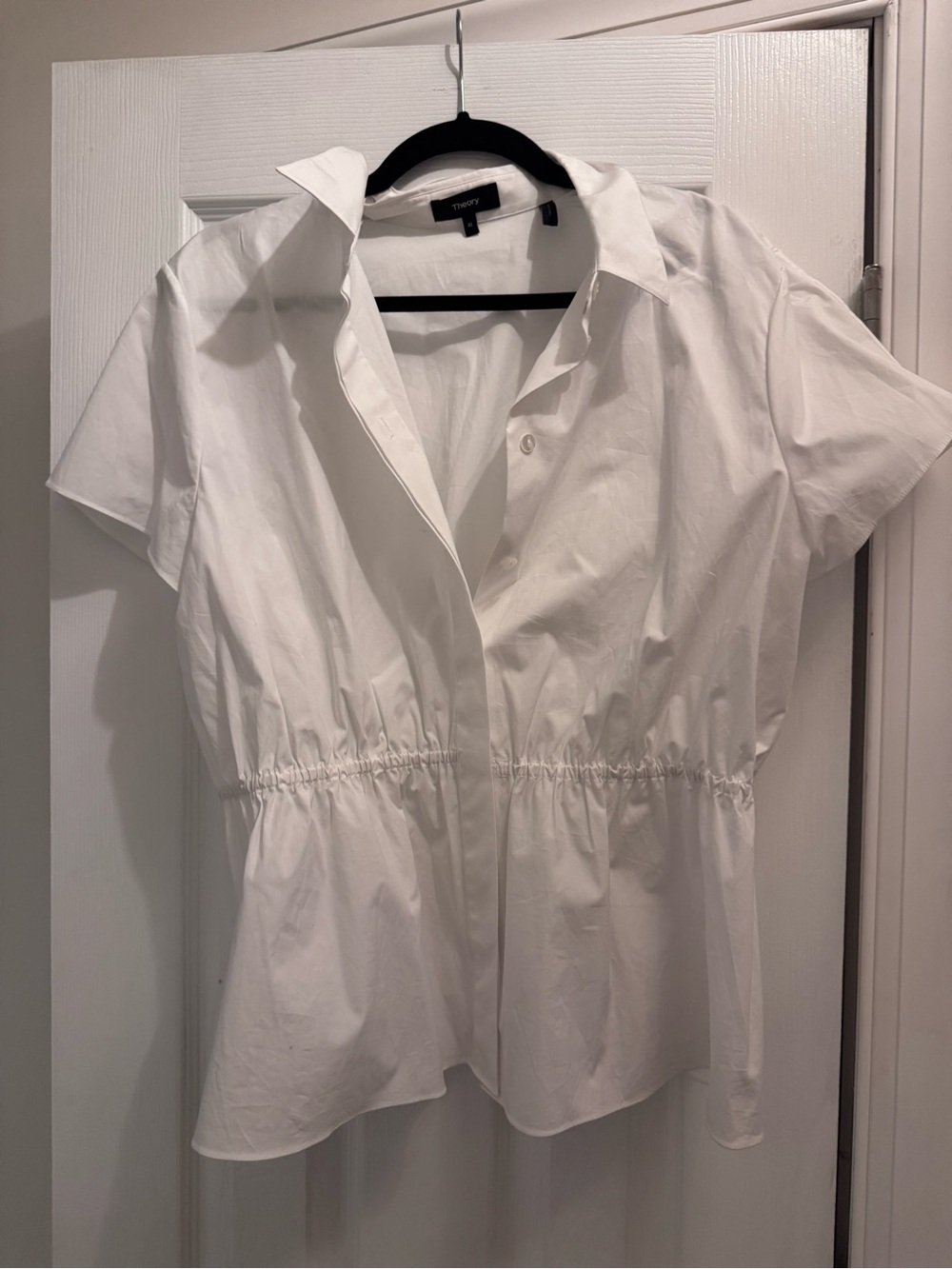 Theory White Short-Sleeve Cinched-Waist Poplin Blouse